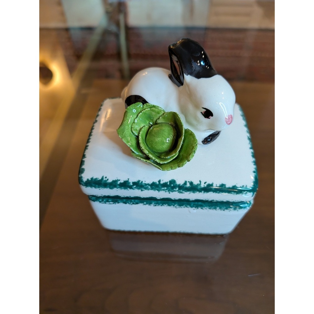 Vintage Signed Easter Ceramic Box with Bunny Rabbit, Farmhouse Cottagecore decor